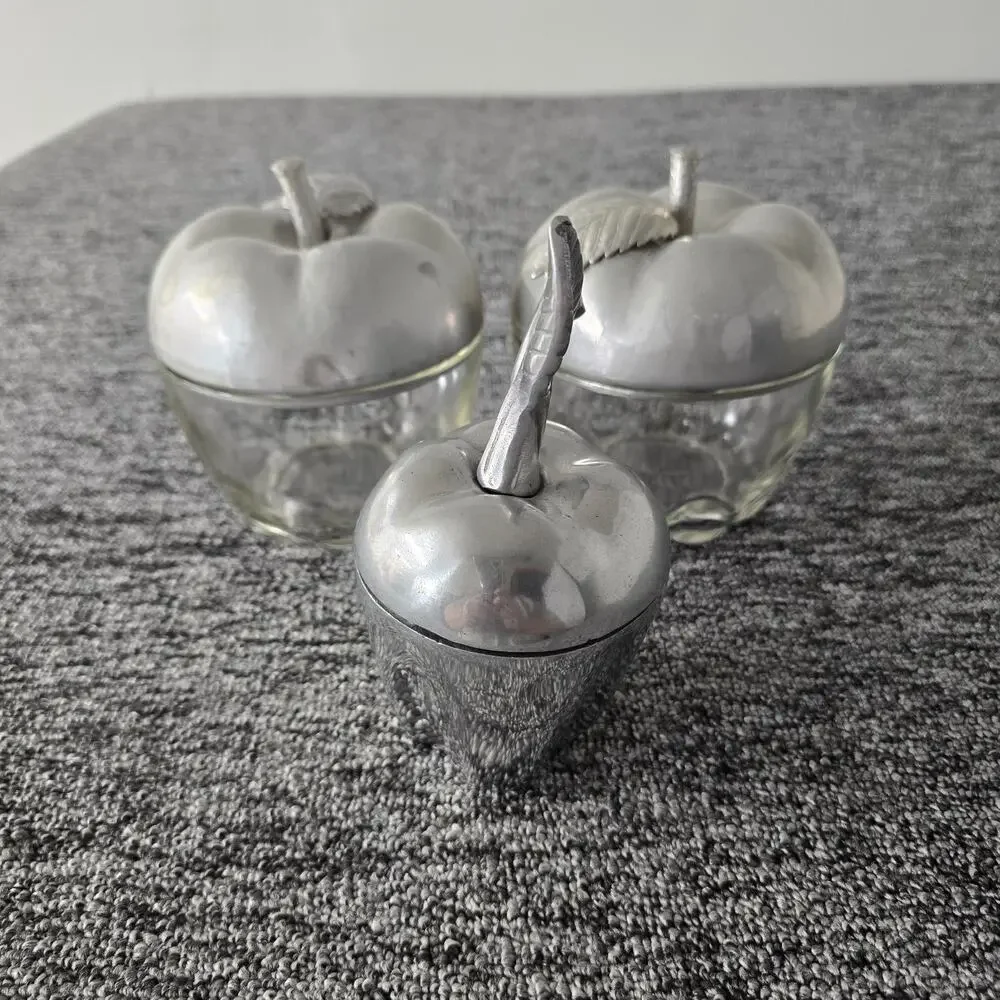 2 Decorative Glass & Pewter Apple Jars & 1 Solid Pewter Trinket Box Leaf Stems